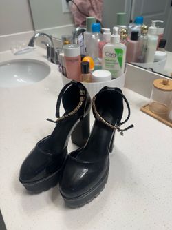 Black Platform Chunky Heel Ankle Strap Heels