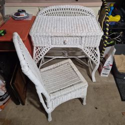 White Rattan Vanity With Drawer And Matching Chair