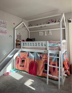 Twin Size Bunk Bed w Slide Mattresses Included w Castle Curtains