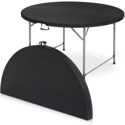 53" Round Folding Table 4.5 Feet Plastic Bi-Folding Commercial Dining Event Table for Indoor Outdoor Camping Picnic Party, Black