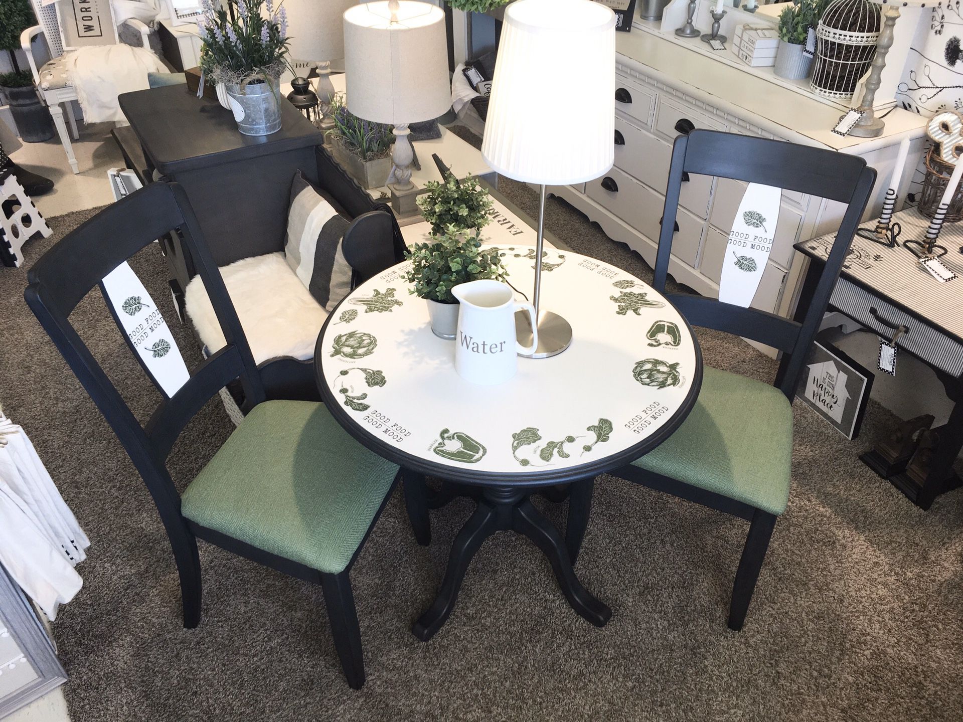 Table chairs seating eating upholstery dining room kitchen living painted furniture artisan
