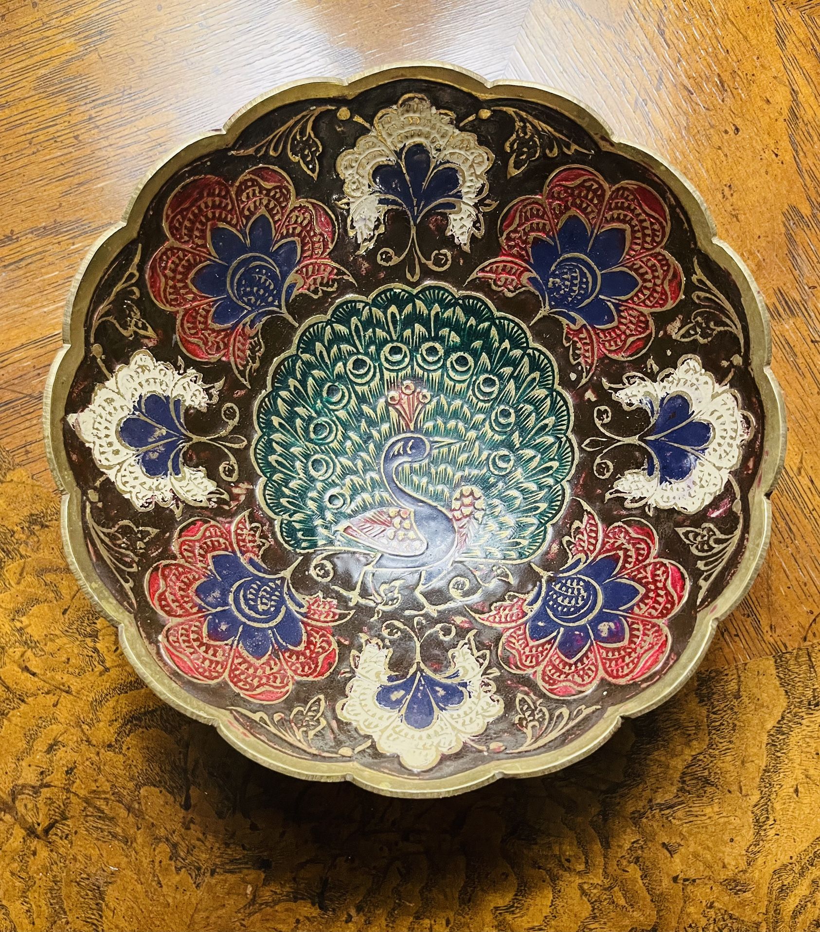 Vintage Enamel And Solid Brass Peacock Bowl
