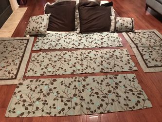 Leaf Motif Brown, Teal, Celadon, and Tan Bedding accessories