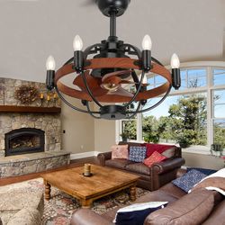 22" Farmhouse Ceiling Fan with Light,Black Caged Ceiling Fan with Light and Remote Control,Reversible Retractable Ceiling Fan Fandelier for Farmhouse,