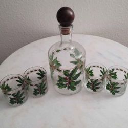 Vtg Italian Signed Hand Painted Glass Christmas Holly Wine Juice Carafe Decor