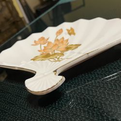 Vintage Porcelain Fan Shaped Trinket Tray Candy Dish Lotus Butterfly Japan 9.5”