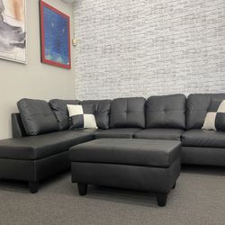 Black 3PCS Sectional W/Storage Ottoman (Left Chaise) 