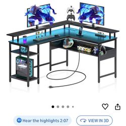 Rolanstar Computer Desk L Shaped 56.7" with LED Lights and Power Outlets, Reversible L Shaped Gaming Desk with Monitor Stand, Home Office Desk with St