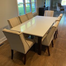 White Quartz Stone Dining Room Table W/ 8 Fabric Chairs