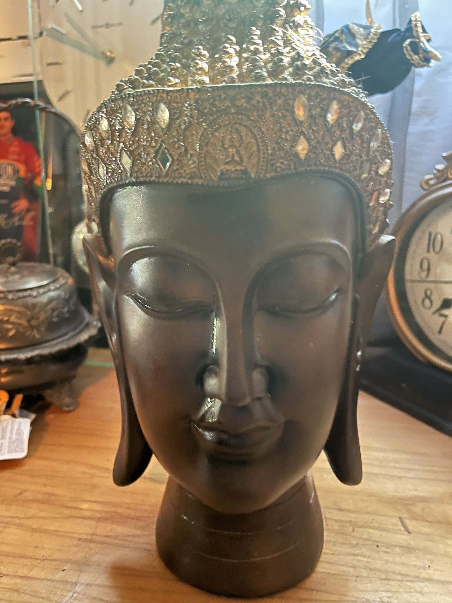 Vintage Meditating  Buddha Head Statue Sculpture Figurine 13 In Wood Origin Unkn