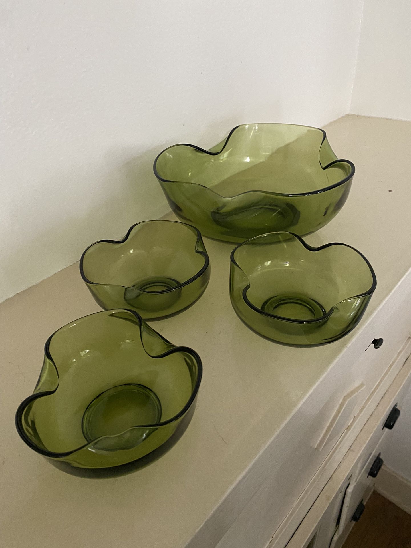 Vintage Green Glass Chip And Dip Serving Bowls