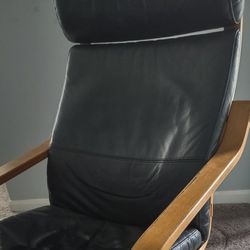 IKEA POÄNG Armchair – Black Leather Chair w/ Wood Frame, Modern Lounge Chair