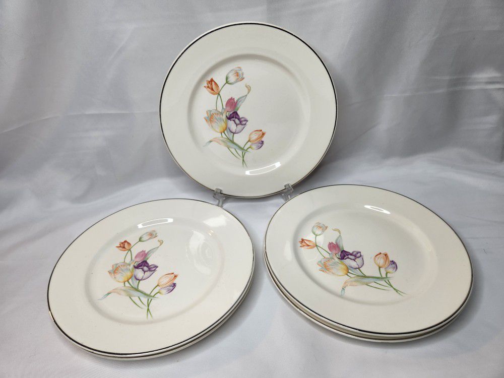 vintage"Pastel Tulips" luncheon plates from Harker Pottery made in the USA set of 5 (9 1/2" ) 