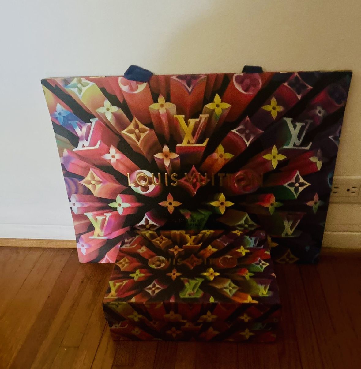Louis Vuitton box and large bag with multicoloured logo. Empty.