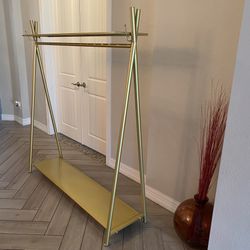 Freestanding Gold Rack with Double shelves Multi-functional Bedroom Hanging Clothing Rack, (59'' L)- NEW