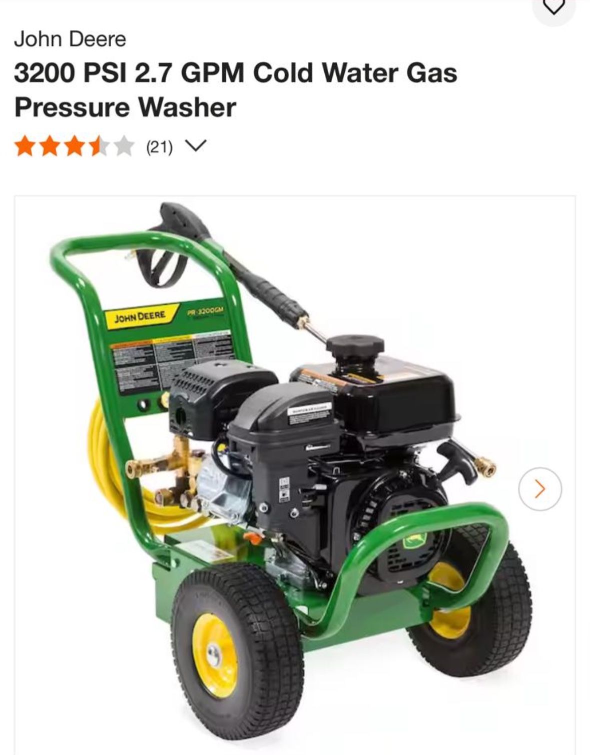 John Deere 3200 PSI 2.7 GPM Cold Water Gas Pressure Washer