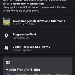 Two Ticket To Indians Game Tonight Vs Rangers