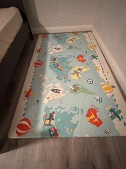 World Map Play Mat for Kids Educational Rug with Animals in Blue