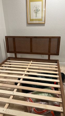 Wood and Cane Bed Frame with Headboard