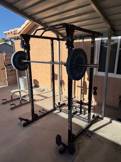 Pulley Rack, Barbell and Plates