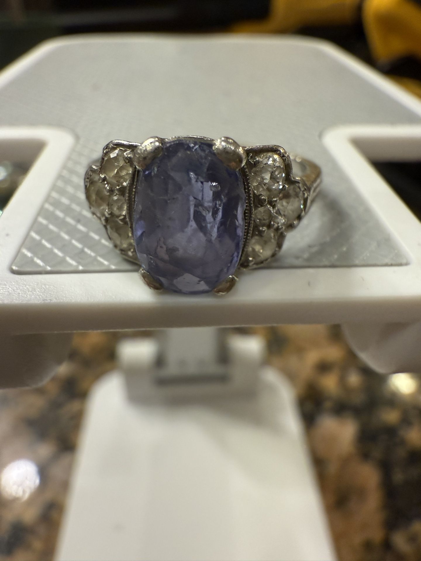 14 K Solid White Gold And Diamond Sapphire Ring 