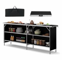 81" Folding Picnic Table, Portable Bar Table with Carry Bag | Lightweight Aluminum Food Prep Station with 2 Shelves, Quick Set-up, BBQ, Party, Backyar
