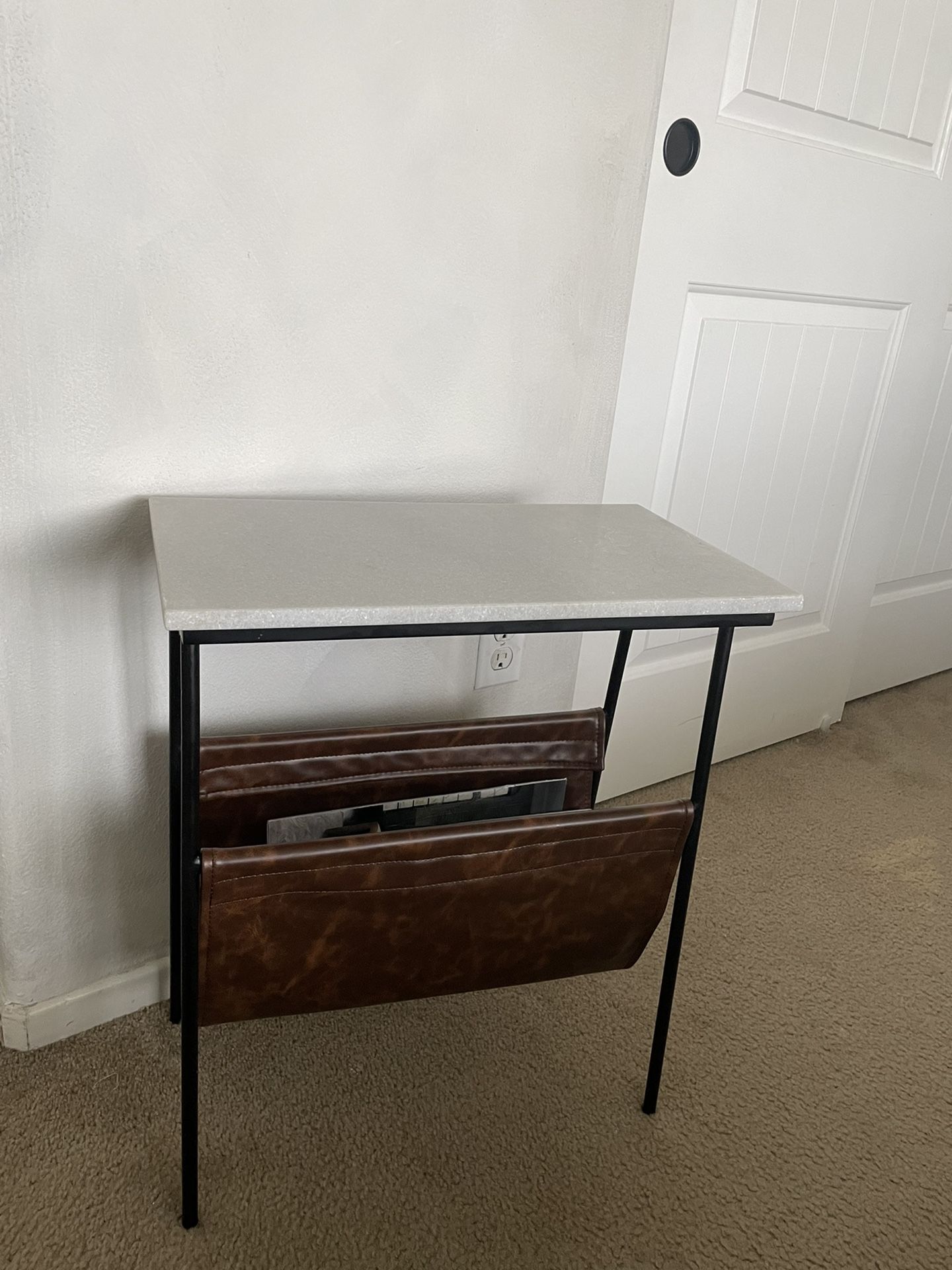 Marble And Leather Side Table With Magazine Rack