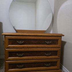 Oak Bedroom Dresser with 3 drawers and larger round mirror