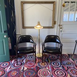 2 MCM Black Leather Vinyl Accent Arm Chairs, Solid Walnut Dinning Chair Set, Matching Arm Chair