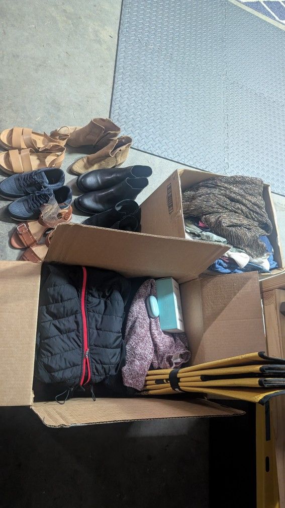 2 Boxes Of Women's Clothes And Shoes From Size Small To medium