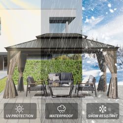 12' X 16' Hardtop Gazebo, Upgraded Metal Gazebo with Drainage System, Dual-Layer Galvanized Steel Roof, Curtain and Netting, Outdoor Shelter Canopy fo