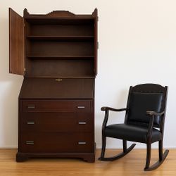 📌 FOR SALE — Vintage Secretary Desk + Rocking Chair (Matching Wood Tone) 
