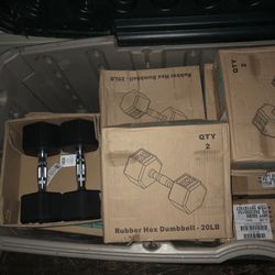 New Pair of 20 Lb Rubber Hex Dumbbells In Box 