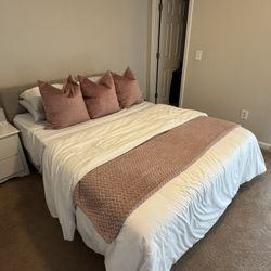 BED FRAME with Headboard, Queen, Beige 