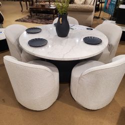 54” Round Marble Dining Table & Dark Wood Pedestal Base