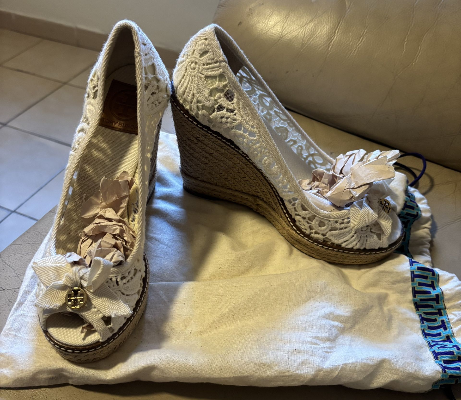 Tory Burch Lace White Wedges