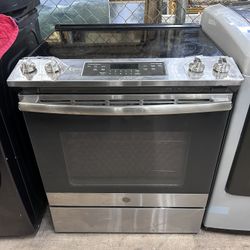 GE Stainless Steel Slide-In Electric Range Stove | 5-Burner Glass Top, Convection Oven, JS660SL