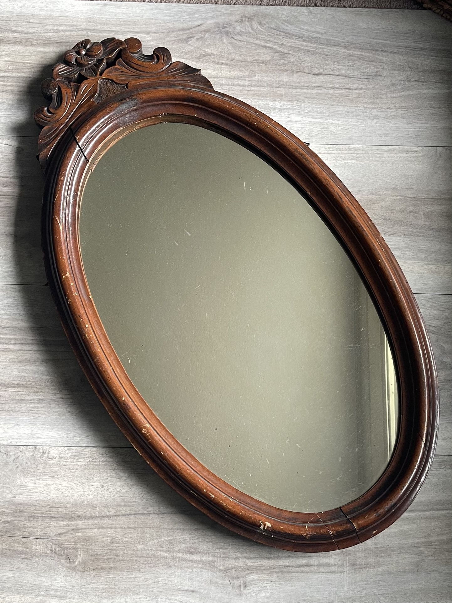 Antique Vintage Hand Carved Solid Wood Oval Ornate Wall Mirror