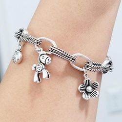 925 Sterling Silver rocking horse and floral flower charm ladies women's chain bracelet Gift