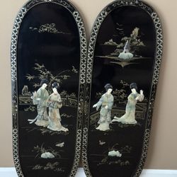 Black Oriental Asian Wall Panels Mother of Pearl Set of 2