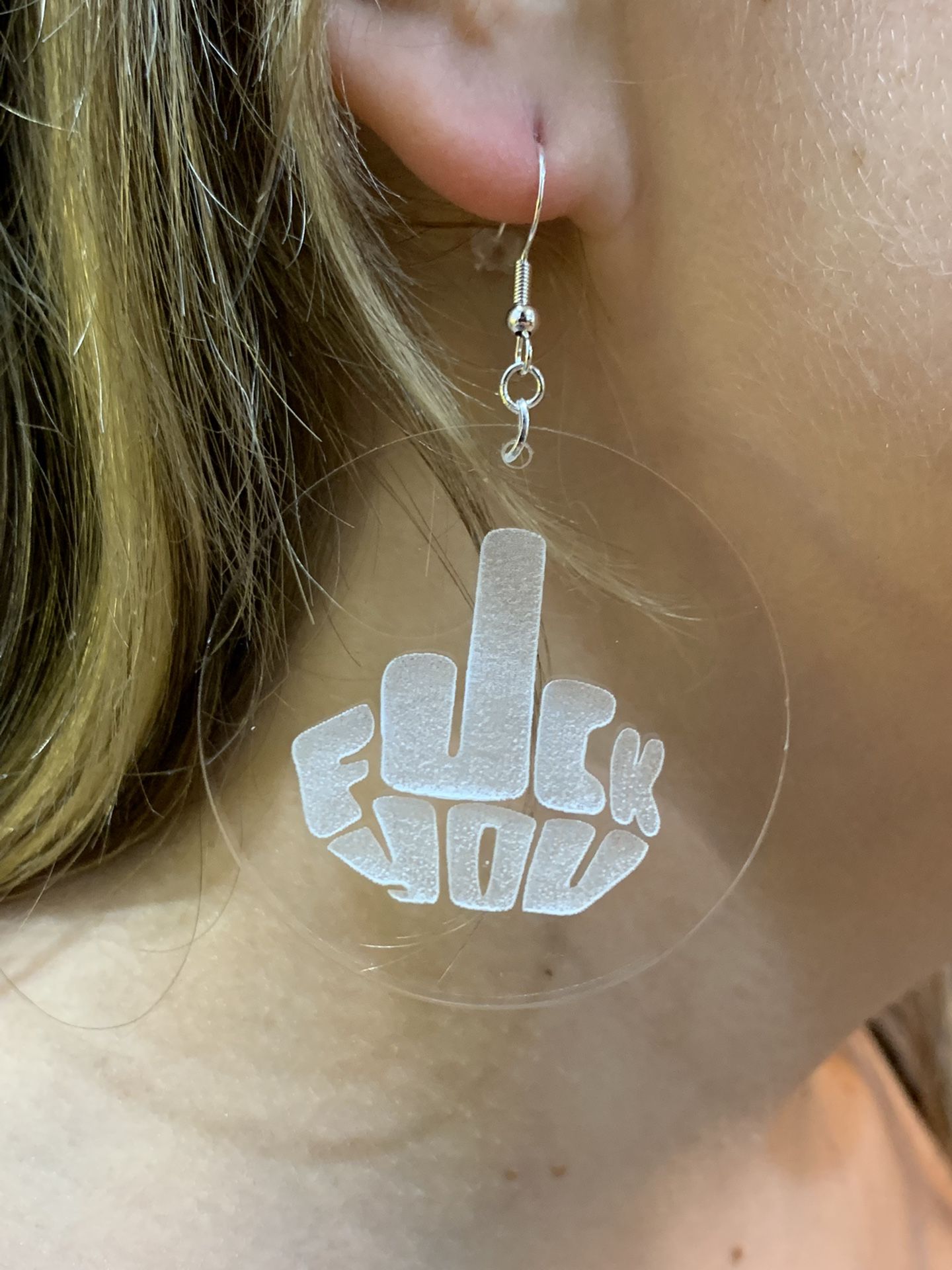  Fuck You Circle Clear Acrylic Women’s Disc Earrings 925 Silver Funny Gift Hipster NEW