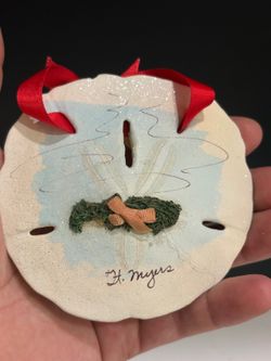 Hand Painted Natural Sand Dollar Christmas Ornament Signed Myers Beach Decor 3"