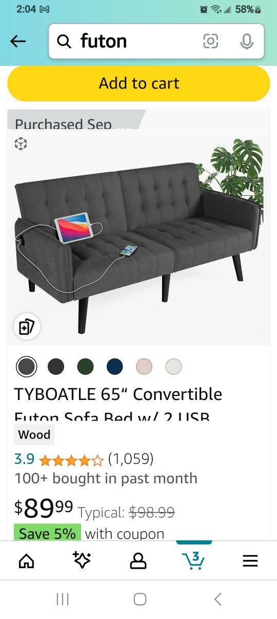 Futon Sofa Bed, With USB Connection 