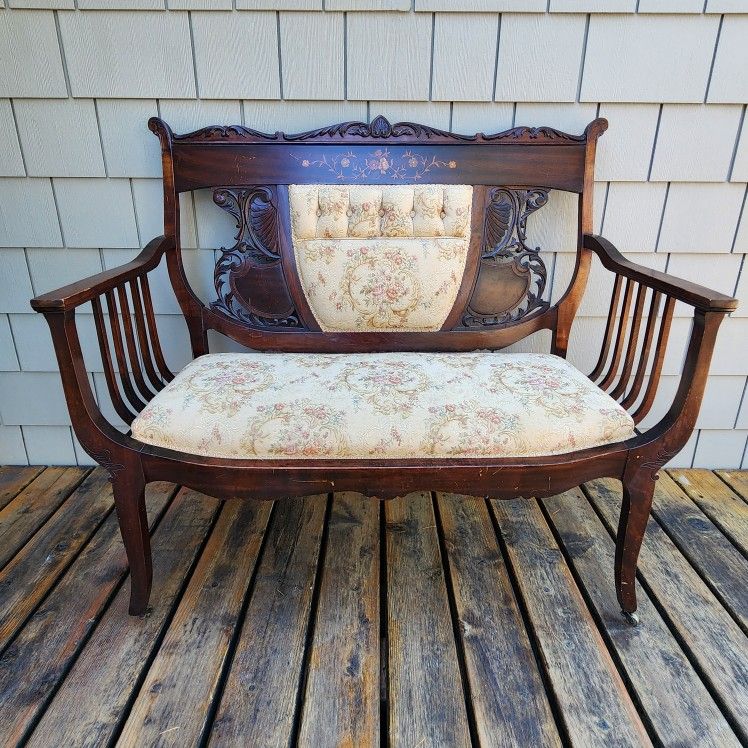 ANTIQUE EDWARDIAN SETTEE Inlaid Floral Wood MOP UPHOLSTERY 