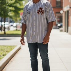Men's Size 6XL AKADEMIKS "Heavy Hitters" Gray Pinstriped Baseball Style Jersey.  Akademiks Heavy Hitters men's grey striped short-sleeve baseball jers