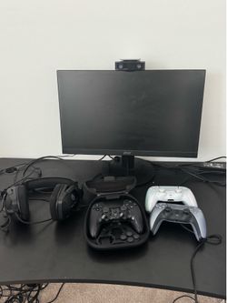 PS5 with gaming setup (controllers (Elite Controller), gaming Chair, Desk, Headphones and monitor and PS5 camera)