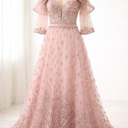 Blush Pink Sequined Maxi Gown With Deep V Bodice 