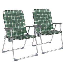 VINGLI Folding Webbed Oversized Lawn Chairs with Detachable Cup Holder, 300 LBS High Beach Chair for Adults Heavy Duty, Portable Aluminum Patio Chair 