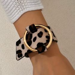 New! Long Geometric Animal Print Bracelet PU Leather w Gold Hardware