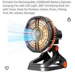 PORTABLE  FAN, Long Lasting Battery, LED Light, 360 Oscillator. Timer, Hook For Out Door